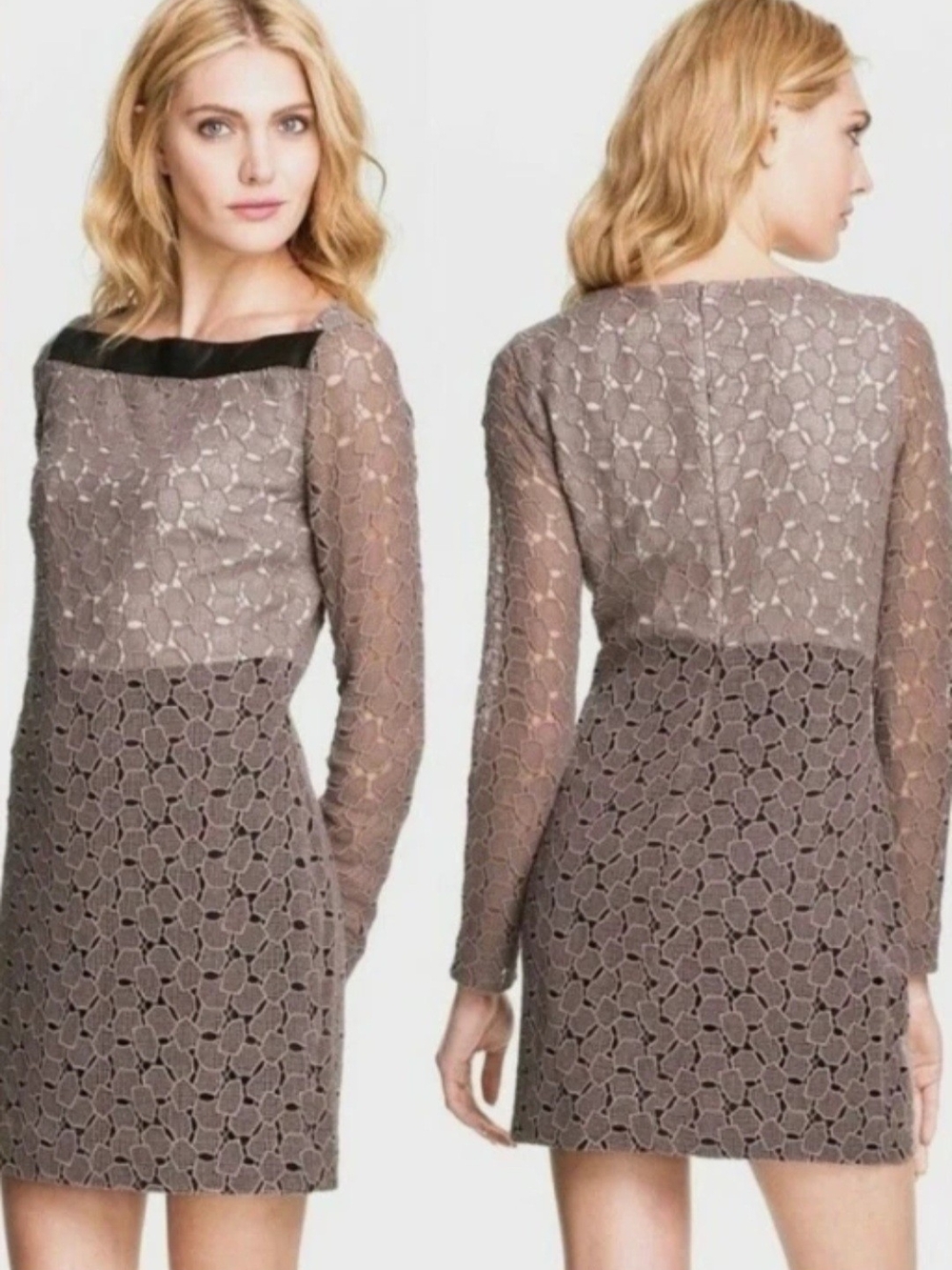 Diane Von Furstenberg Taupe Crochet Lace Dress with Black Trim